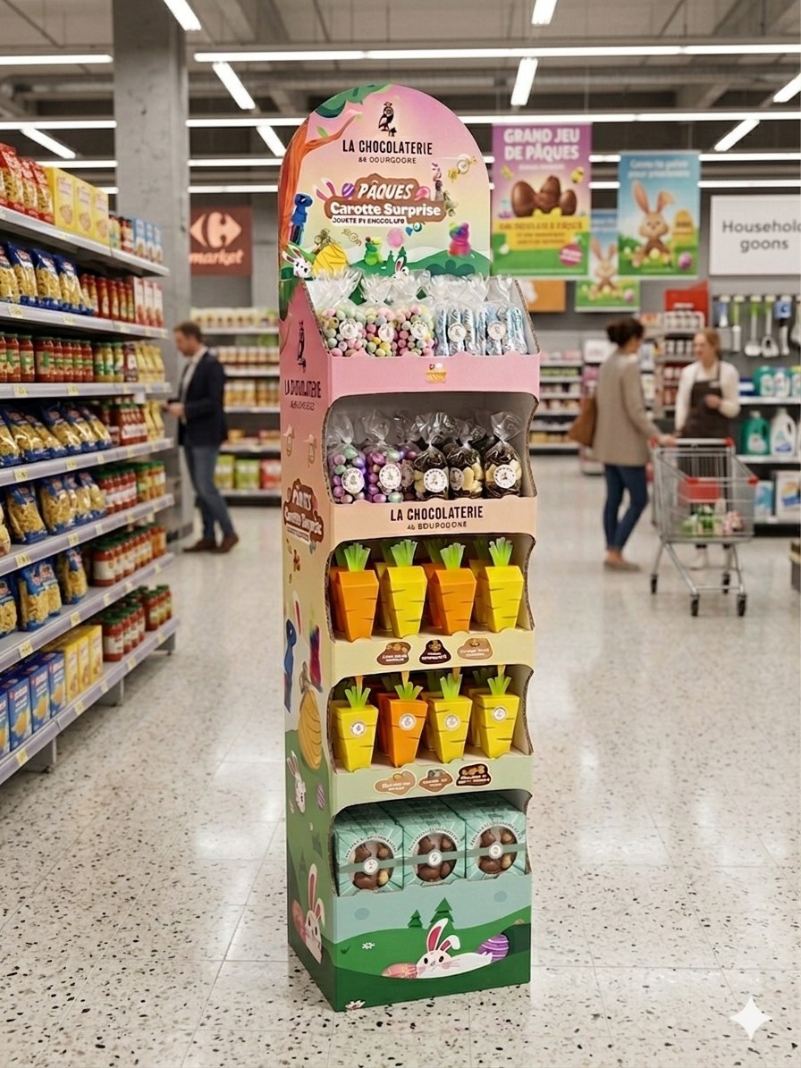 Présentoir PLV Pâques installé en magasin