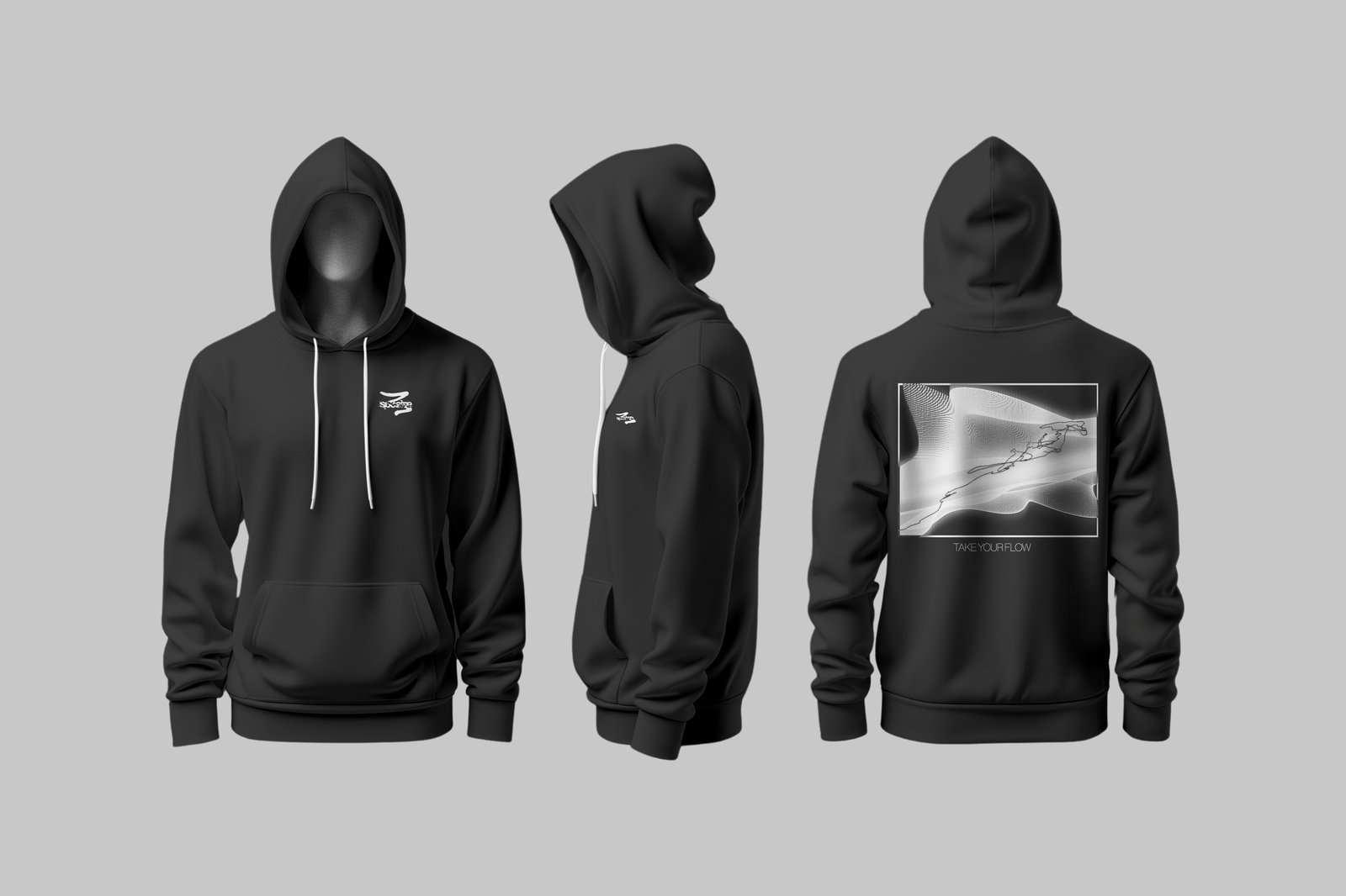 Mockup hoodie Spectre, vue face, profil et dos
