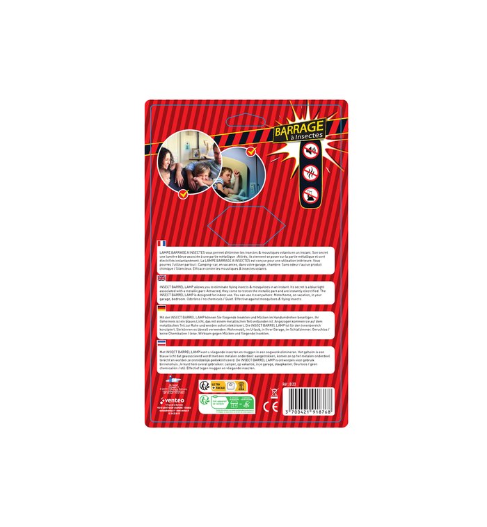 Packaging blister lampe anti-insectes, dos multilingue